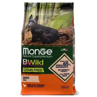 Monge Dog BWild GRAIN FREE Mini беззерновой корм из мяса утки с картофелем для взрослых собак мелких пород 2,5 кг
